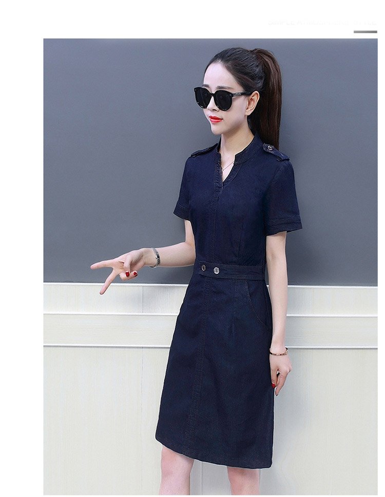 ĐẦM JEAN FORM A CỔ V ĐAI EO ĐÍNH NÚT - NJ2898